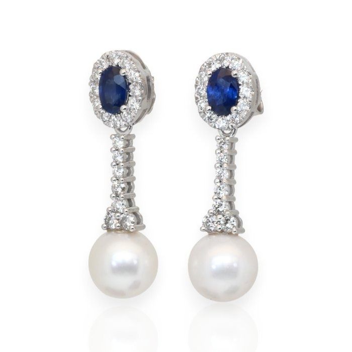 IGI Certified 13.58ct Sapphires, Diamonds, and Freshwater Cultured Pearls Drop Earrings in 18k White Gold