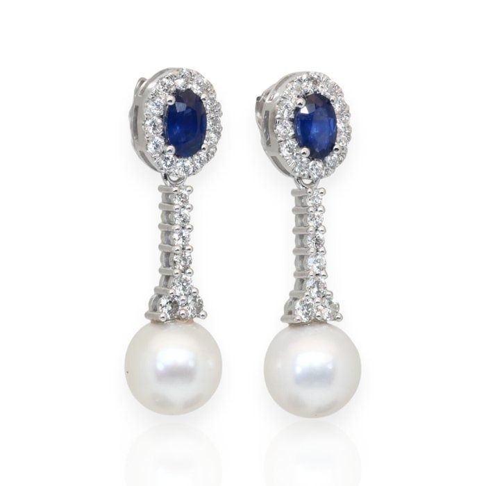 IGI Certified 13.58ct Sapphires, Diamonds, and Freshwater Cultured Pearls Drop Earrings in 18k White Gold