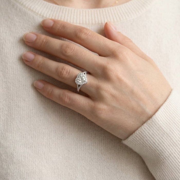 IGI Certified 1.46ct Diamonds Heart Halo Ring in 18k White Gold