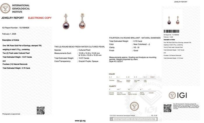 IGI Certified 15.67ct Fresh Water Cultured Pearls and Diamonds Drop Earrings in 18k Rose Gold