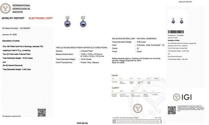 IGI Certified 17.50ct Fresh Water Cultured Pearls and Diamonds Earrings in 18k White Gold