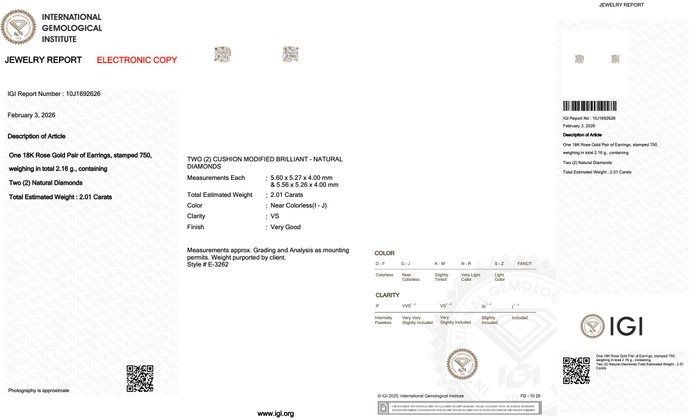 IGI Certified 2.01ct Diamonds Stud Earrings in 18k Rose Gold