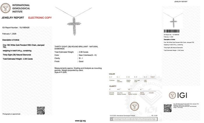 IGI Certified 2.08ct Diamonds Necklace with Cross Pendant in 18k White Gold