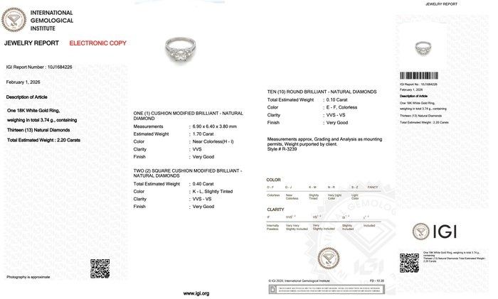IGI Certified 2.20ct Diamonds 3-Stone Ring in 18k White Gold