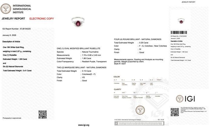 IGI Certified 2.27ct Rubellite and Diamonds 7-Stone Ring in 18k White Gold