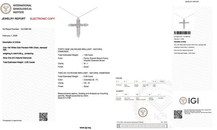 IGI Certified 2.80ct Diamonds Necklace with Cross Pendant in 14k White Gold