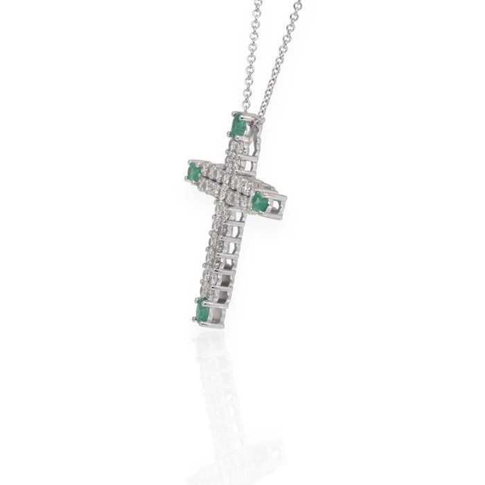 IGI Certified 2.80ct Emeralds and Diamonds Necklace with Cross Pendant in 14k White Gold