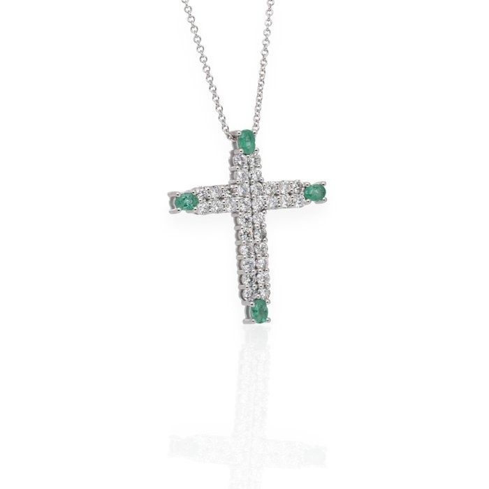 IGI Certified 2.80ct Emeralds and Diamonds Necklace with Cross Pendant in 14k White Gold