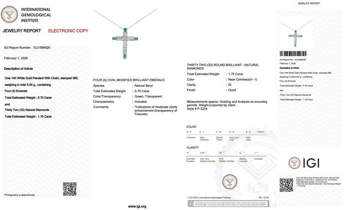 IGI Certified 2.80ct Emeralds and Diamonds Necklace with Cross Pendant in 14k White Gold