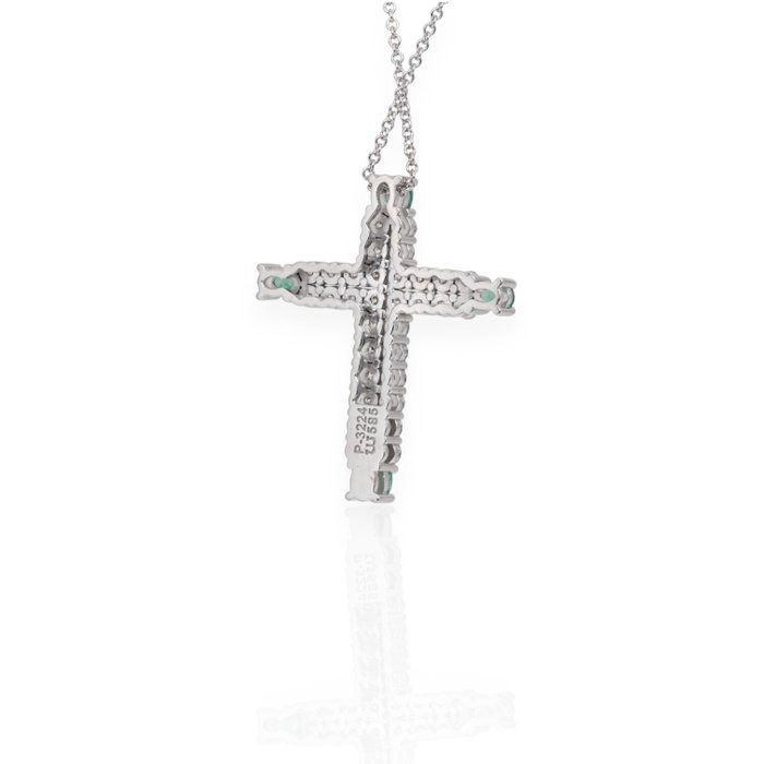 IGI Certified 2.80ct Emeralds and Diamonds Necklace with Cross Pendant in 14k White Gold