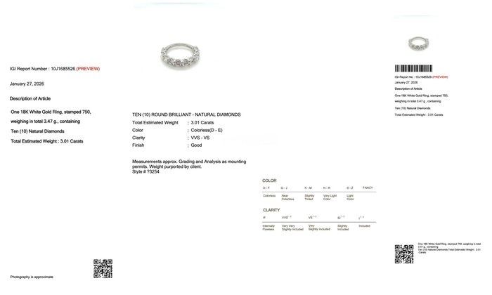 IGI Certified 3.01ct Diamonds Ring in 18k White Gold