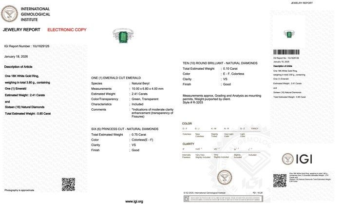 IGI Certified 3.26ct Emerald and Diamonds Cluster Ring in 18k White Gold