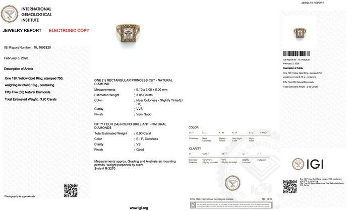 IGI Certified 3.95ct Diamonds Halo Ring in 18k Yellow Gold
