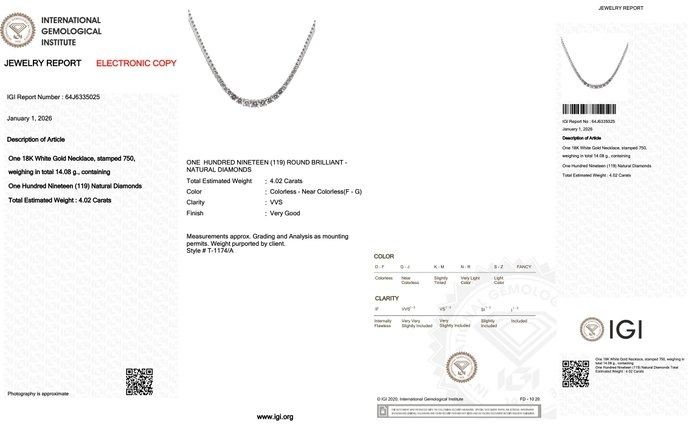IGI Certified 4.02ct Diamonds Necklace in 18k White Gold