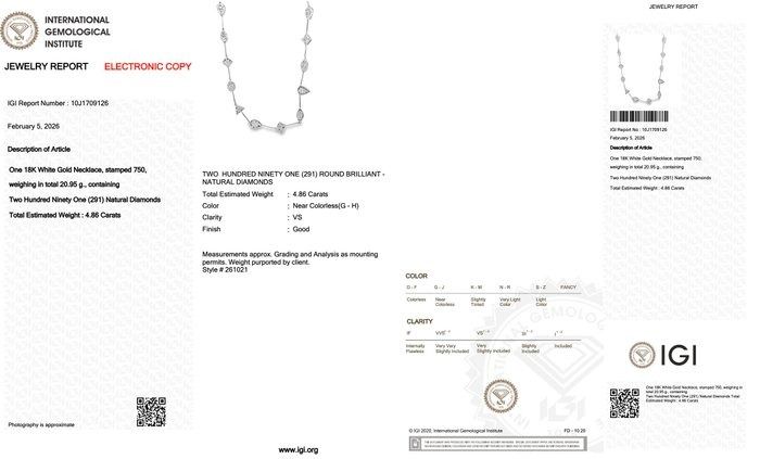 IGI Certified 4.86ct Diamonds Necklace in 18k White Gold
