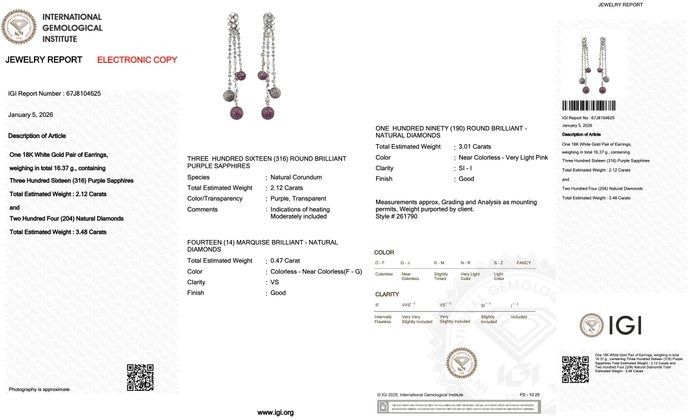 IGI Certified 5.60ct Sapphires and Diamonds Drop Earrings in 18k White Gold
