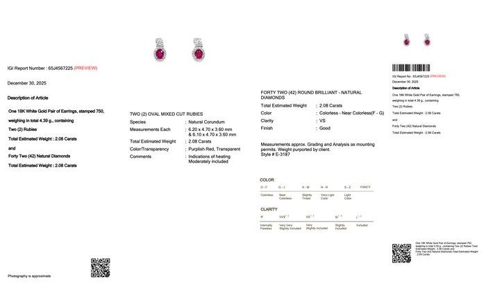 IGI Certified Rubies and Diamonds Earrings in 18k White Gold
