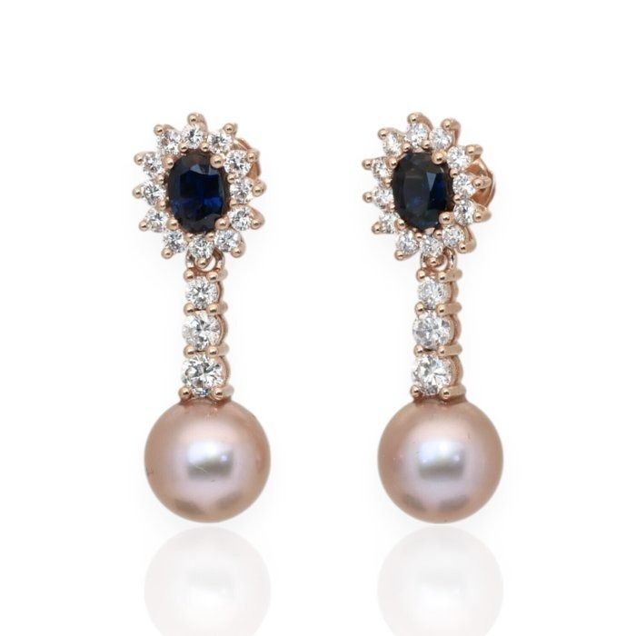 IGI Certified Sapphires, Fresh Water Cultured Pearls, and Diamonds Drop Earrings in 18k Rose Gold