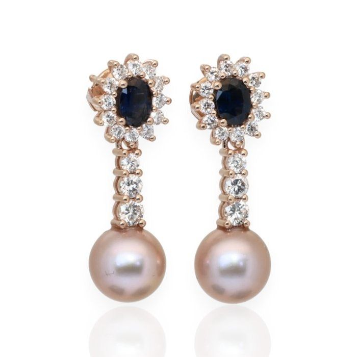 IGI Certified Sapphires, Fresh Water Cultured Pearls, and Diamonds Drop Earrings in 18k Rose Gold