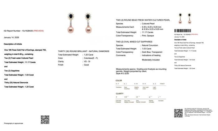 IGI Certified Sapphires, Fresh Water Cultured Pearls, and Diamonds Drop Earrings in 18k Rose Gold
