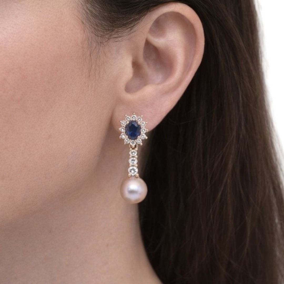 IGI Certified Sapphires, Fresh Water Cultured Pearls, and Diamonds Drop Earrings in 18k Rose Gold