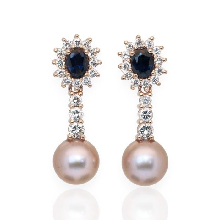 IGI Certified Sapphires, Fresh Water Cultured Pearls, and Diamonds Drop Earrings in 18k Rose Gold