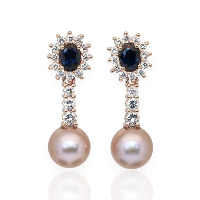 IGI Certified Sapphires, Fresh Water Cultured Pearls, and Diamonds Drop Earrings in 18k Rose Gold