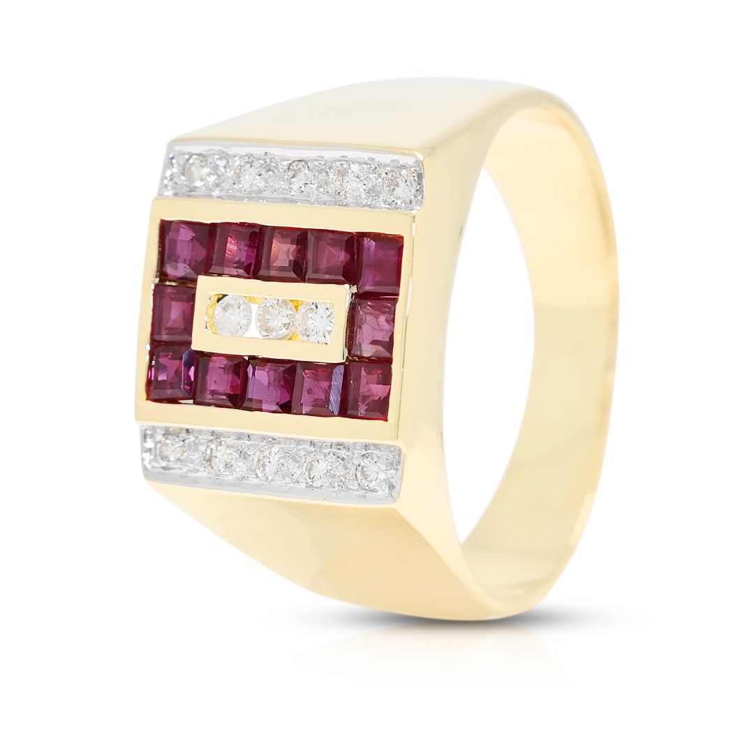 Imperial 0.83ct Natural Diamond and Red Ruby Signet Ring in 18K Yellow Gold