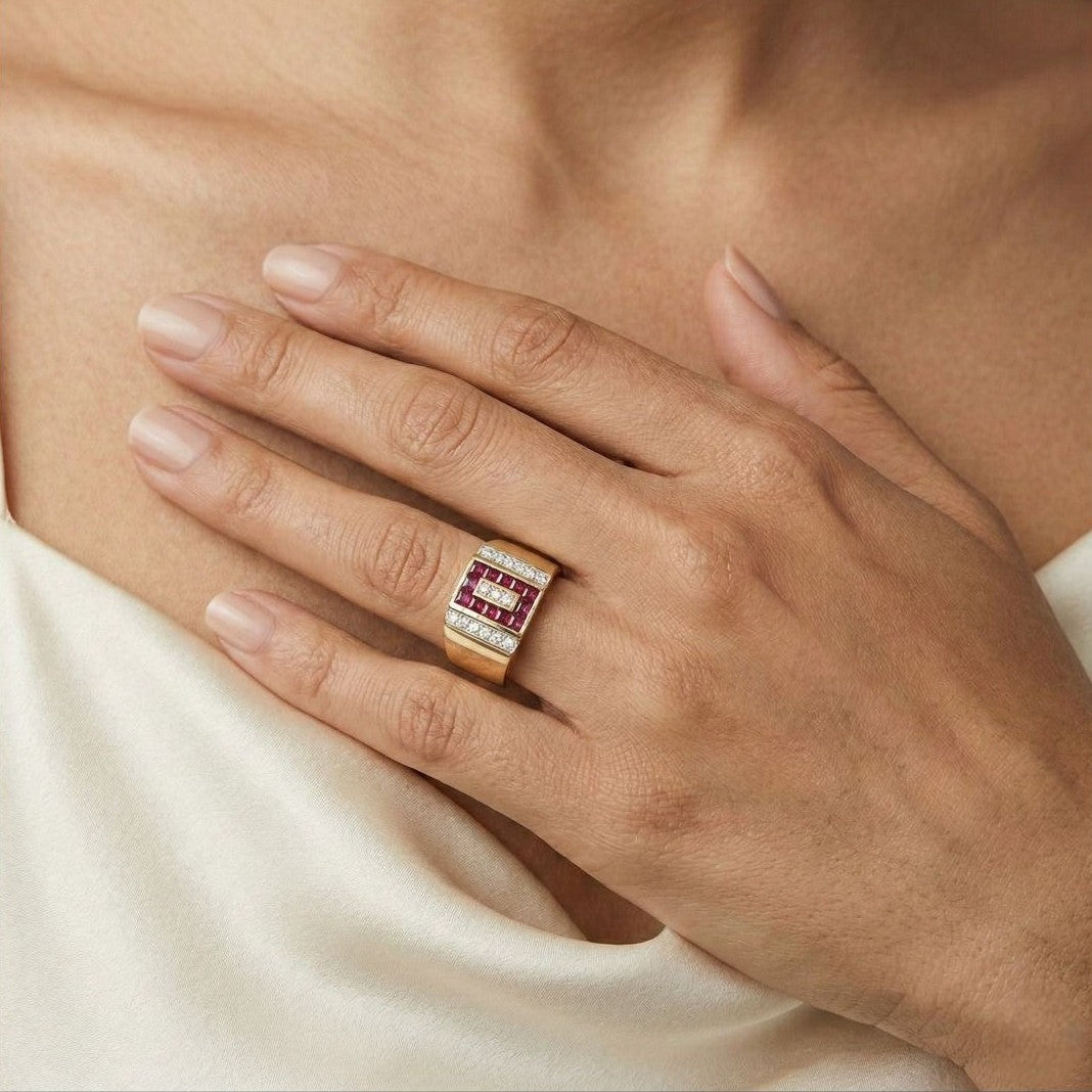 Imperial 0.83ct Natural Diamond and Red Ruby Signet Ring in 18K Yellow Gold