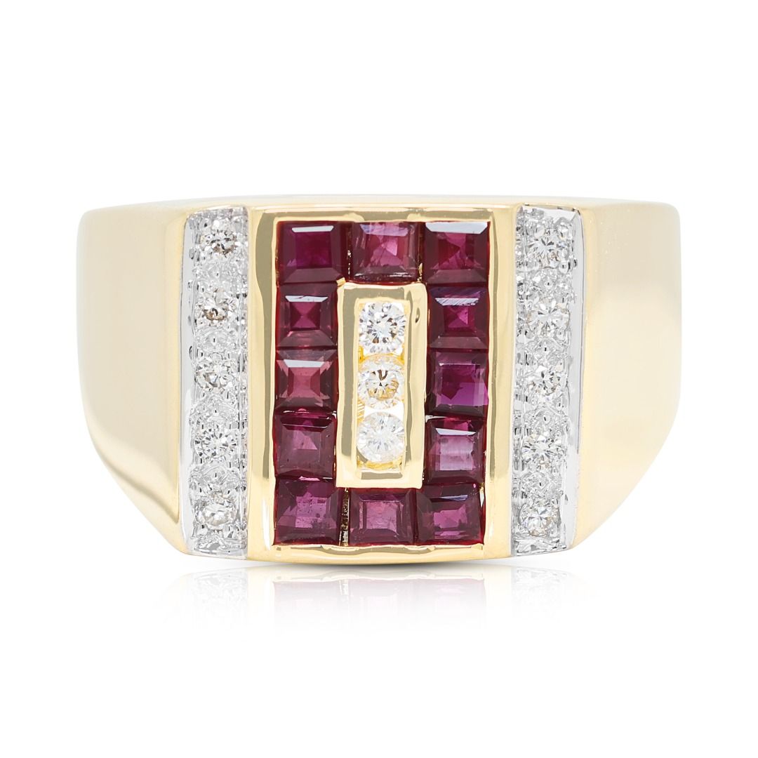 Imperial 0.83ct Natural Diamond and Red Ruby Signet Ring in 18K Yellow Gold