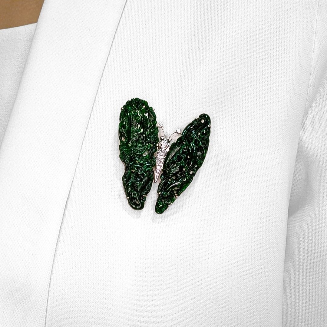 Imperial Garden 18k White Gold Jade and 0.23ct Diamond Butterfly Brooch