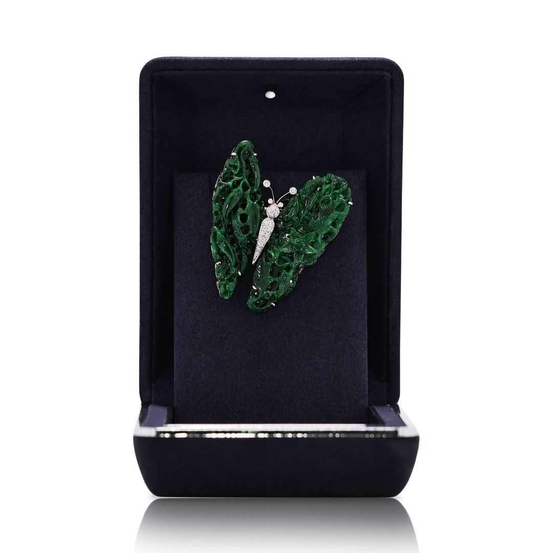 Imperial Garden 18k White Gold Jade and 0.23ct Diamond Butterfly Brooch