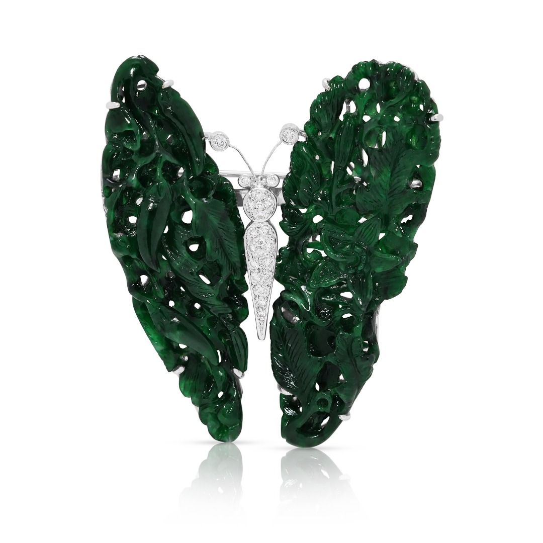 Imperial Garden 18k White Gold Jade and 0.23ct Diamond Butterfly Brooch