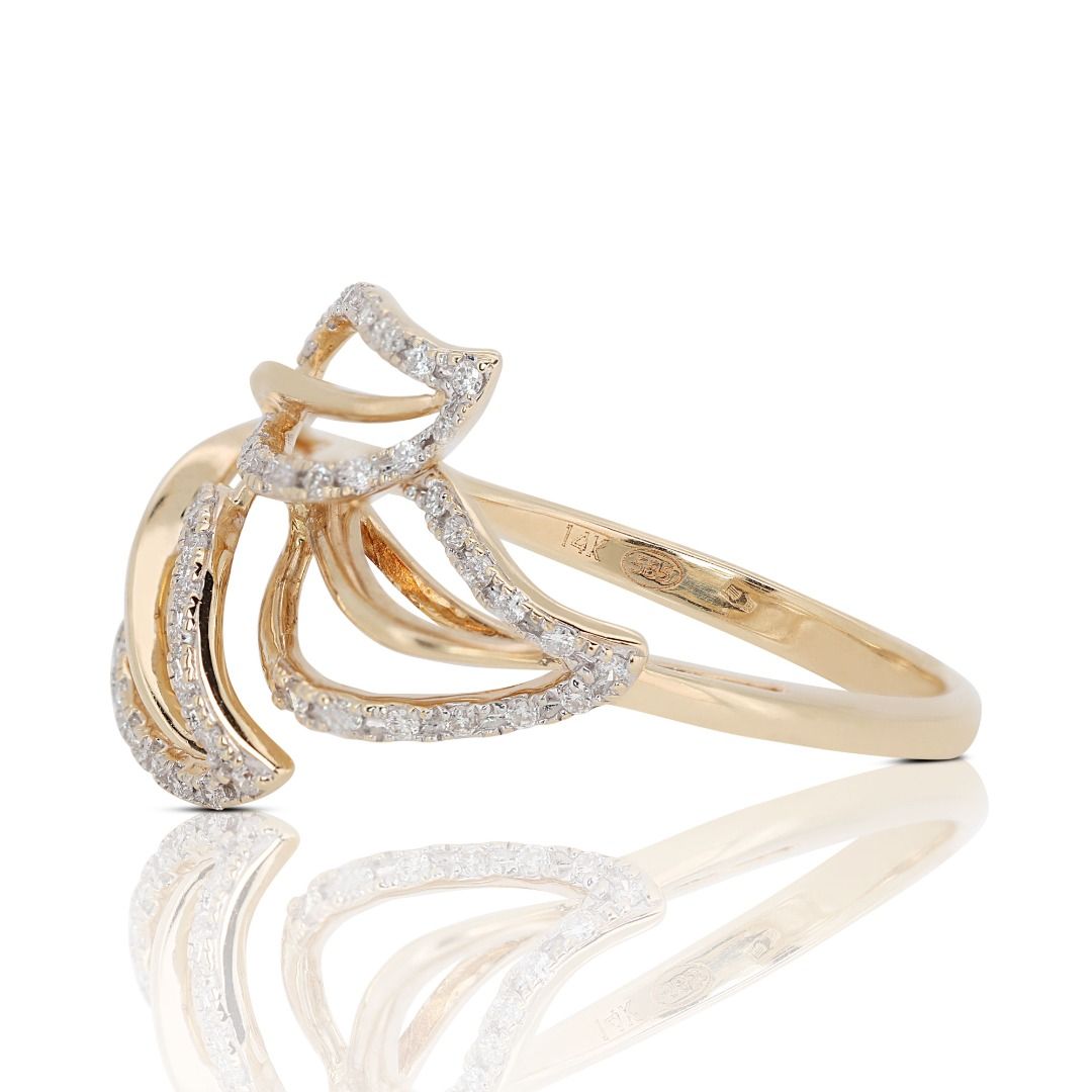 Intricate 0.24ct Leaf-design Diamond Ring in 14K Yellow Gold