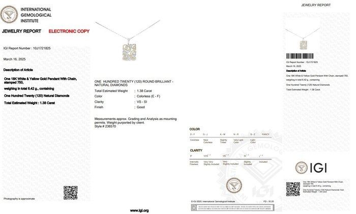 Intricate 1.38ct Diamonds Necklace with Pendant in 18k White and Yellow Gold - IGI Certified