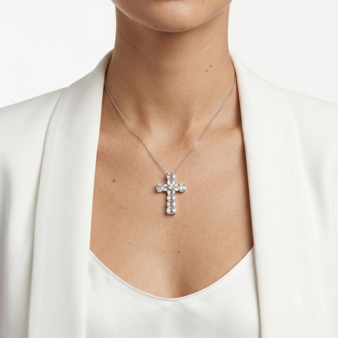 Intricate 1.65ct Natural Diamond Cross Pendant in 18K White Gold