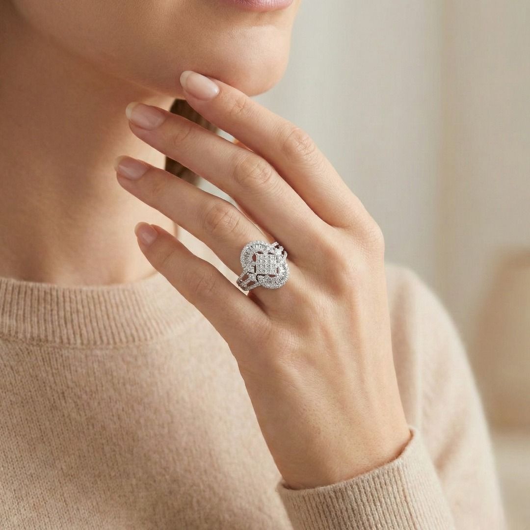 Intricate 1.80ct Natural Diamond Princess, Round Brilliant and Tapered Halo Ring in 18K White Gold