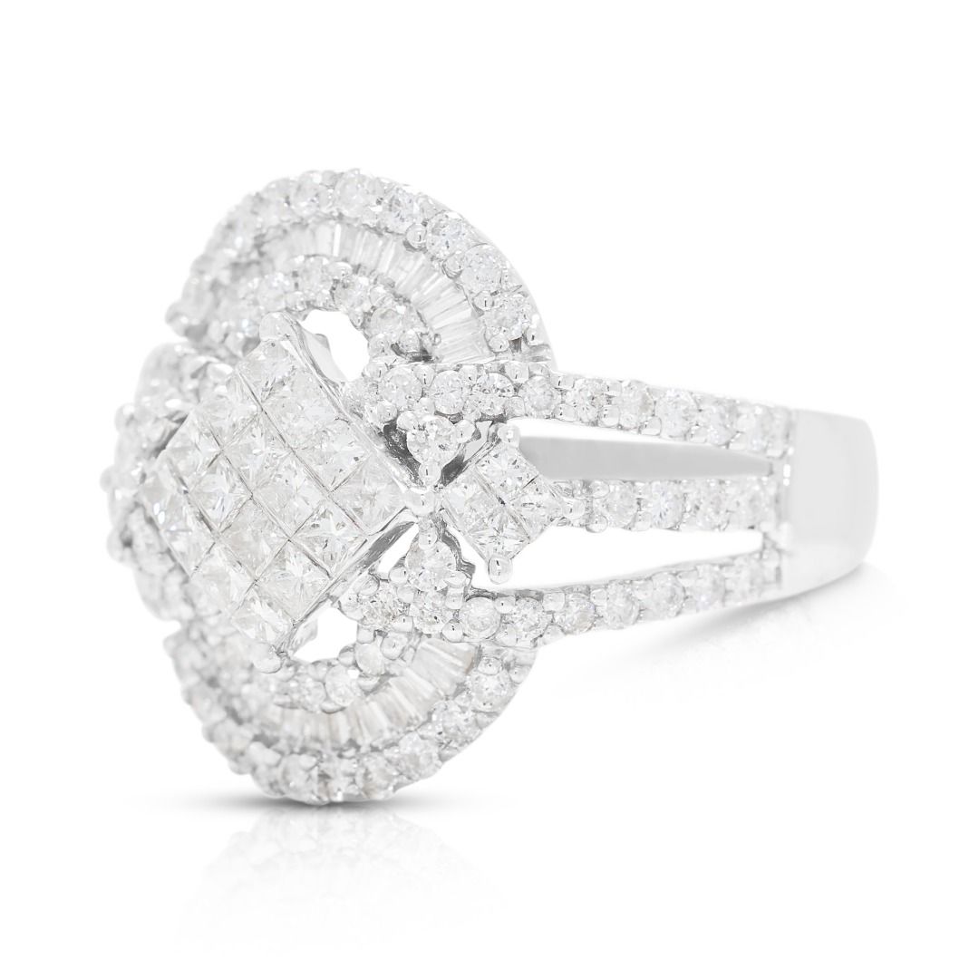 Intricate 1.80ct Natural Diamond Princess, Round Brilliant and Tapered Halo Ring in 18K White Gold