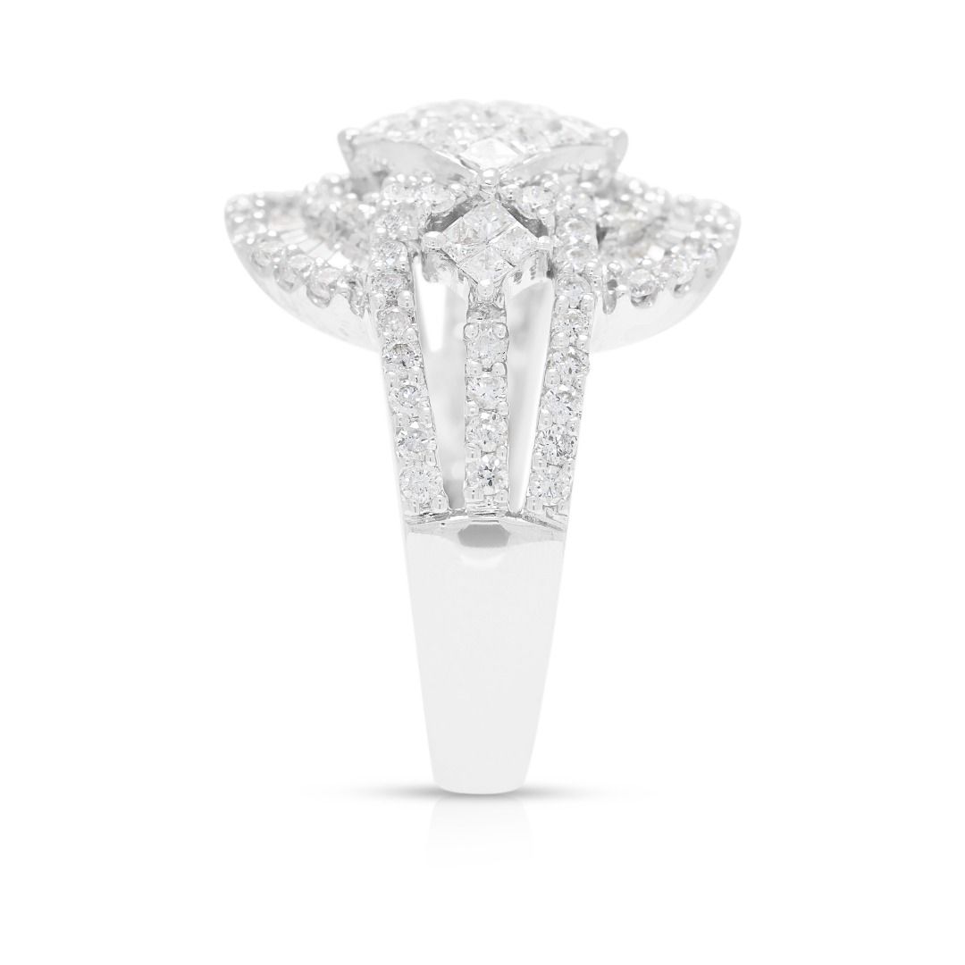 Intricate 1.80ct Natural Diamond Princess, Round Brilliant and Tapered Halo Ring in 18K White Gold