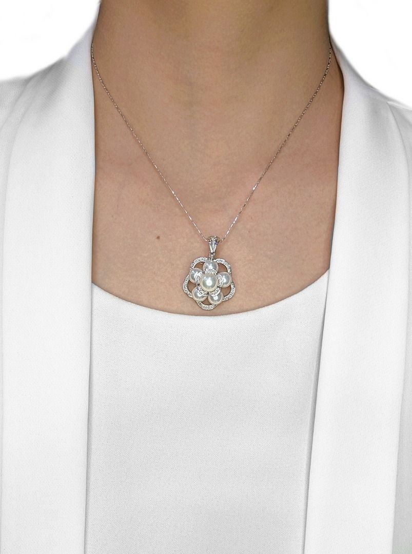 Intricate Akoya Pearl & 0.08ct Natural Diamond Pendant in 18K White Gold