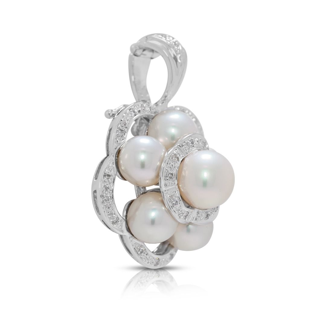 Intricate Akoya Pearl & 0.08ct Natural Diamond Pendant in 18K White Gold