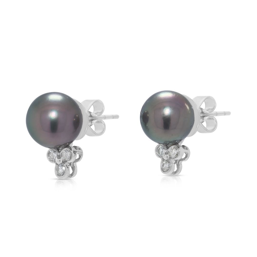 Luminous 0.12ct Natural Diamond & Freshwater Pearl 18K White Gold Stud Earrings