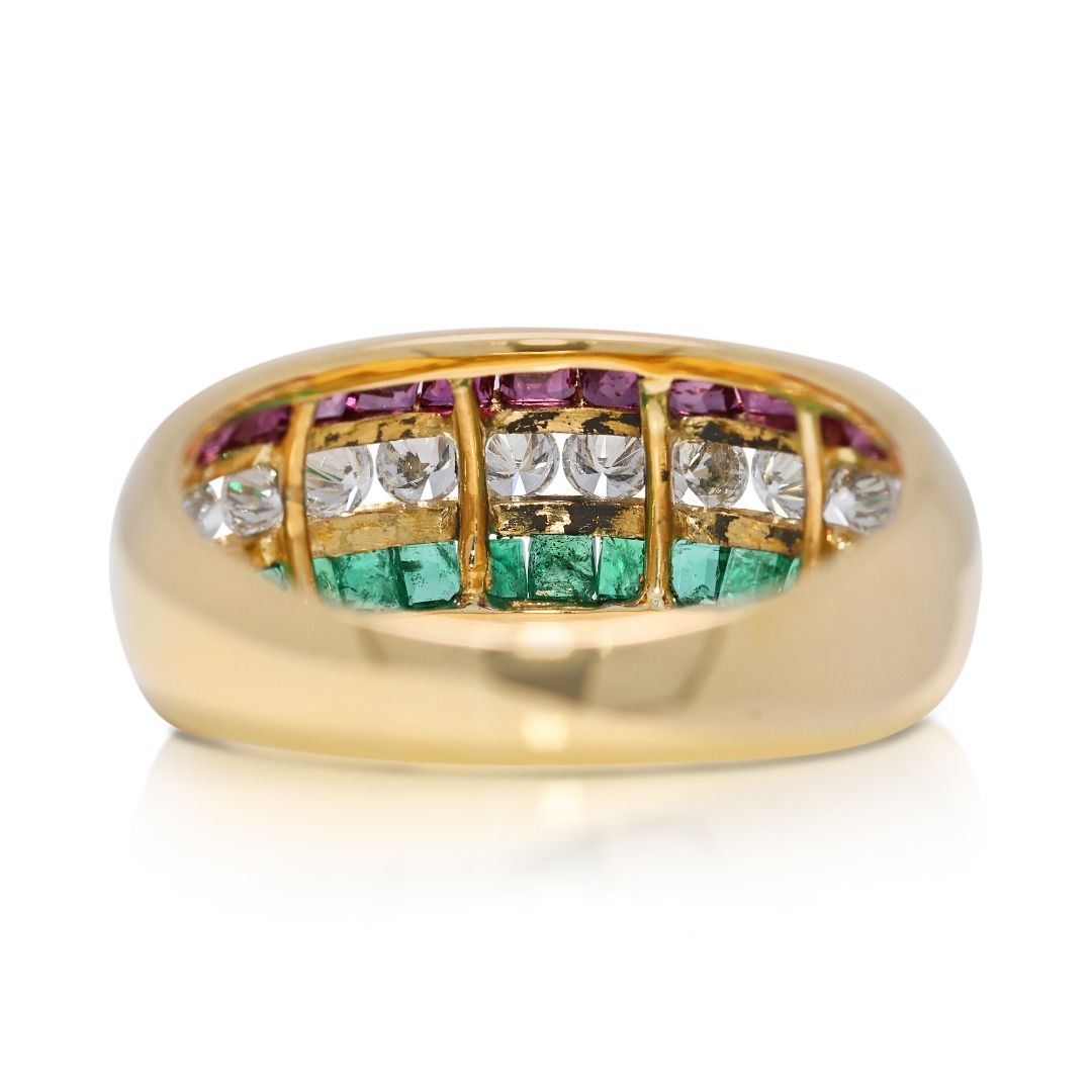Luminous 1.45ct Ruby, Emerald, and Natural Diamonds Ring in 18K Yellow Gold