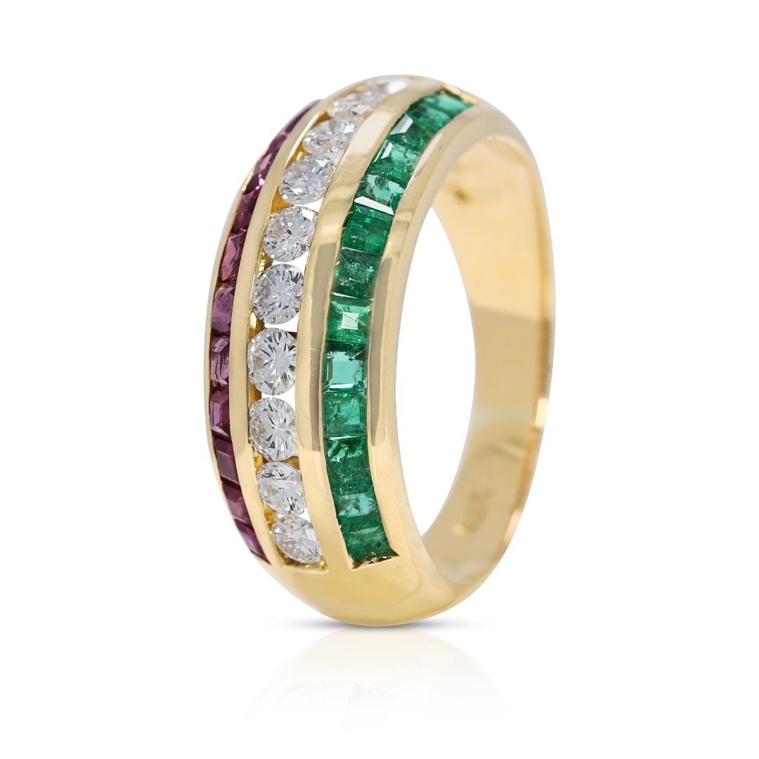 Luminous 1.45ct Ruby, Emerald, and Natural Diamonds Ring in 18K Yellow Gold
