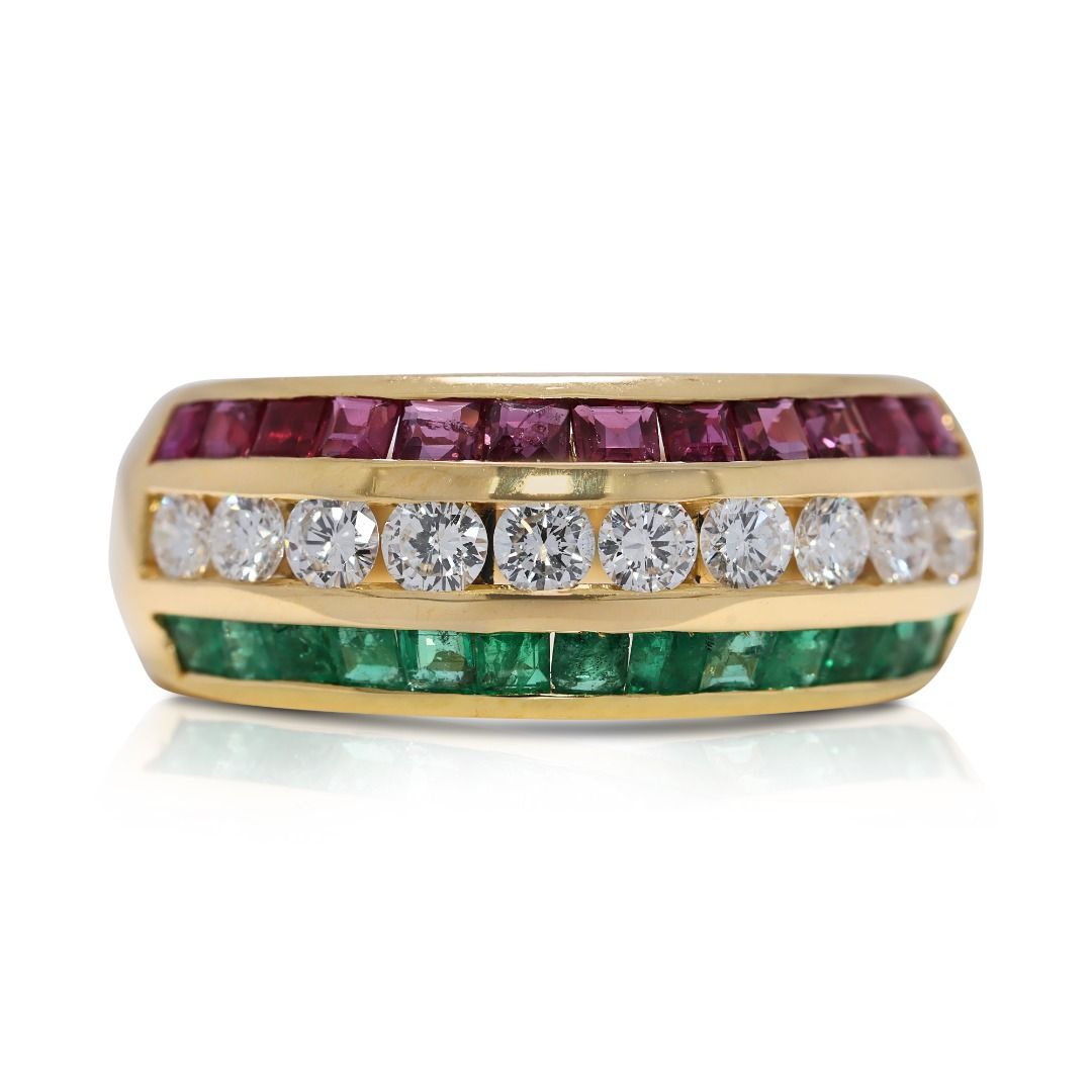 Luminous 1.45ct Ruby, Emerald, and Natural Diamonds Ring in 18K Yellow Gold