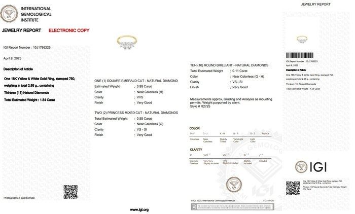Luminous 1.54ct Diamonds 3-Stone Ring in 18k Yellow & White Gold - IGI Certified