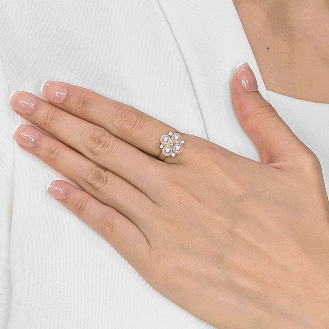 Luminous 5mm Akoya Pearl & 0.1ct Natural Diamond Cluster Ring in 18K Yellow Gold (New)