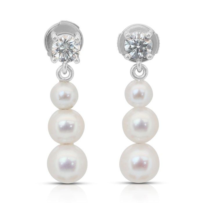 Luminous 7.52ct Fresh Water Cultured Pearls and Diamonds Drop Earrings in 18k White Gold - IGI Certified