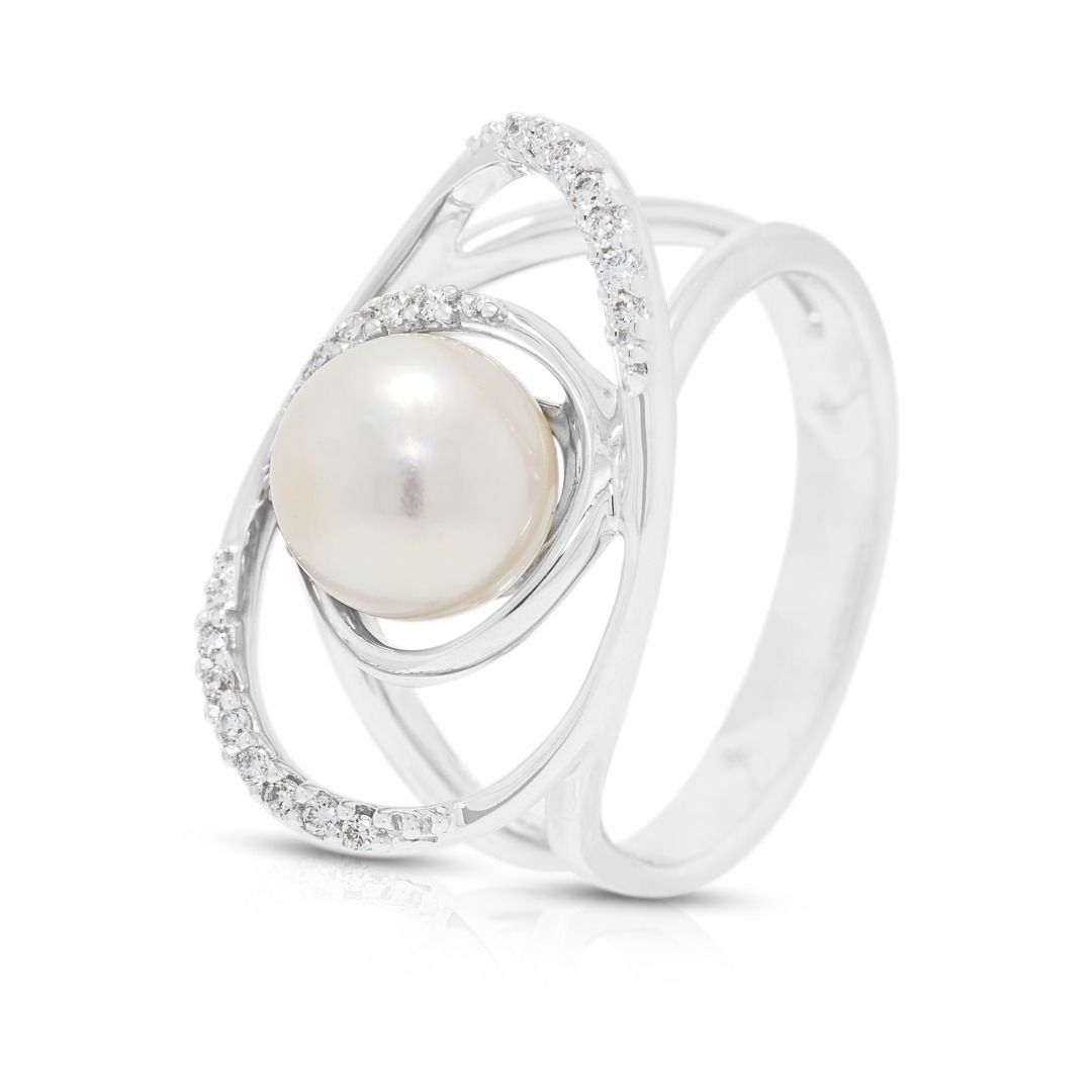Leuchtender 7,5–8 mm Akoya-Perlenring mit 0,11 Karat natürlichen Diamanten in 18K Weißgold