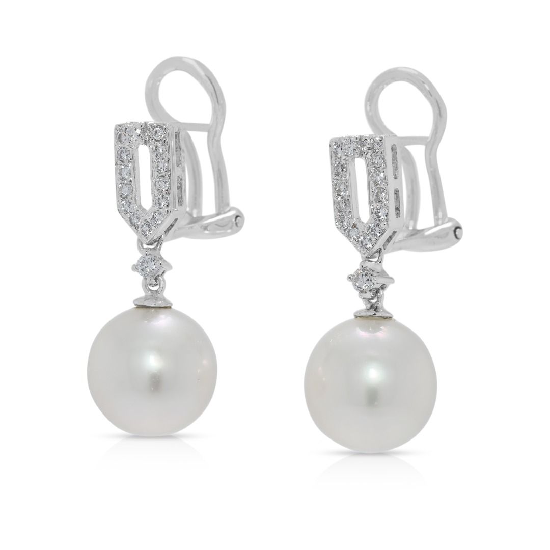 Lustrous 0.32ct Natural Diamond & Akoya Pearl Drop Earrings in 18K White Gold
